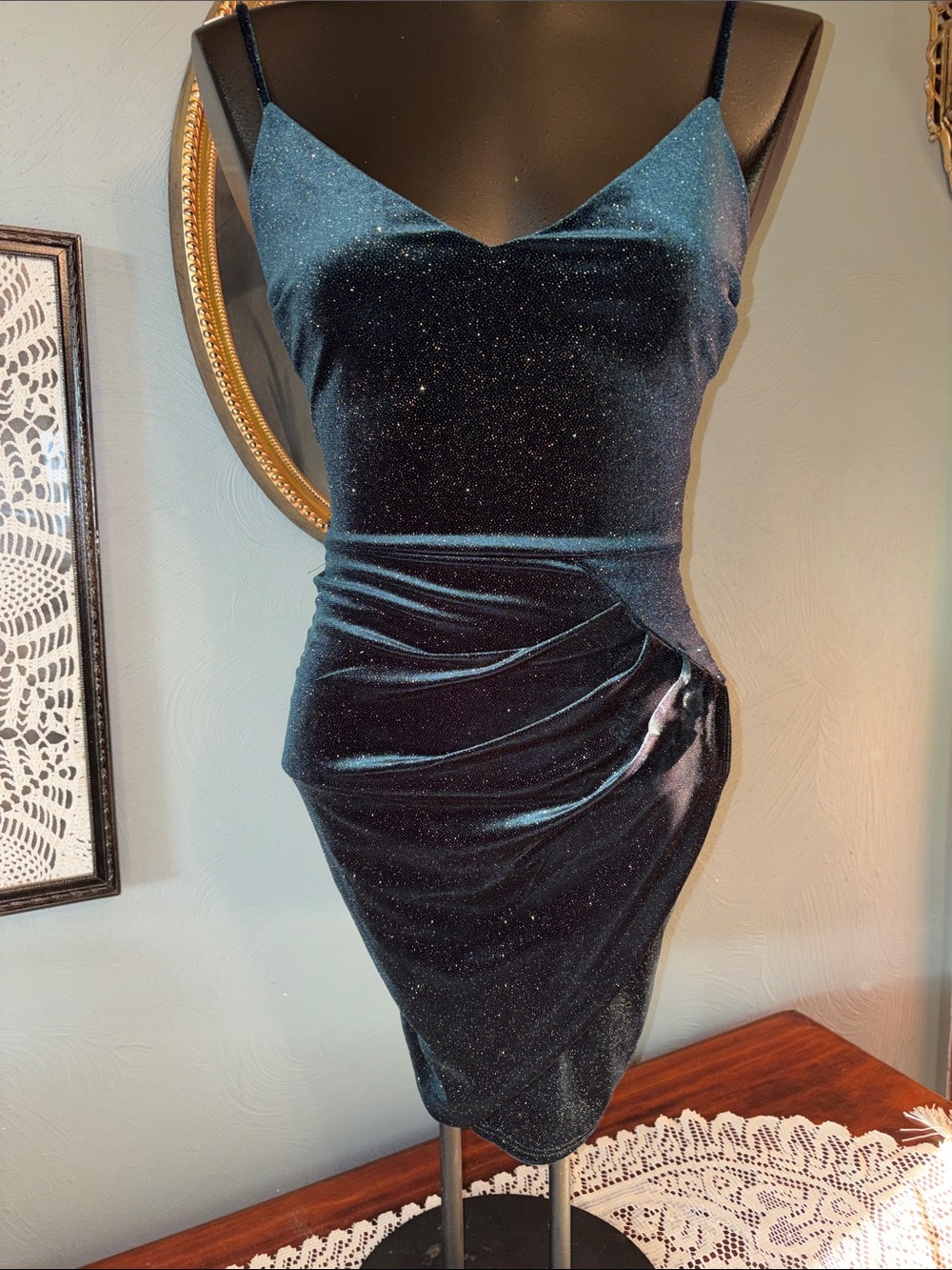 Windsor Midnight Teal Velvet Sparkle Mini Dress